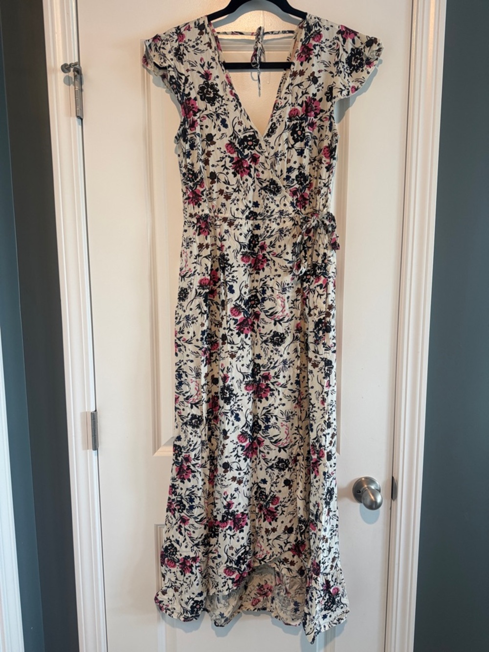 Cream Floral Maxi Wrap Dress with Pink & Black Blooms